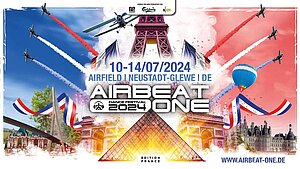 Plakatcollage zur Werbung für das AirBeatOne 2024: der Pariser Eiffelturm, die Louvre-Pyramide und andere Elemente in blau-weiß-rot